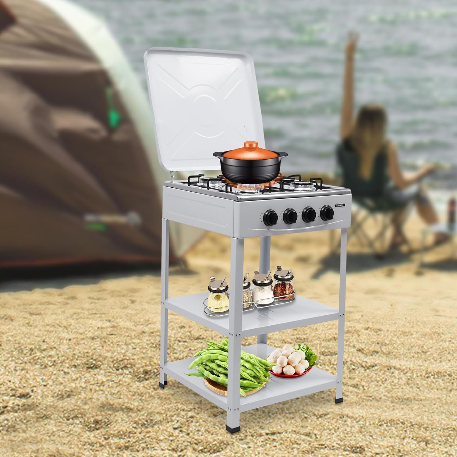 موقد غاز 4 شعلة من بوكو مع أرفف إضافية وغطاء حماية  Boko GL-004 Gas Stove.