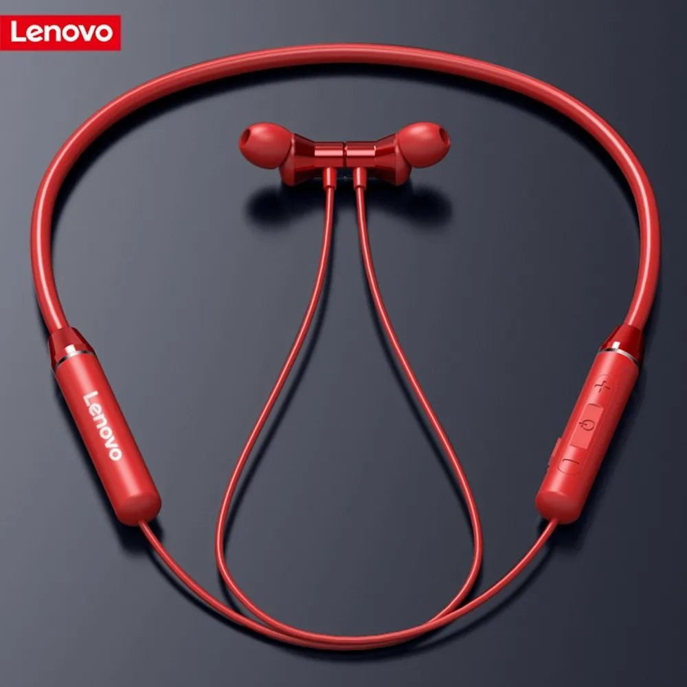 سماعة الأذن اللاسلكية lenovo HE 05  مزودة بطوق حول الرقبة و تدعم بلوتوث 5.0 باللون الاحمر