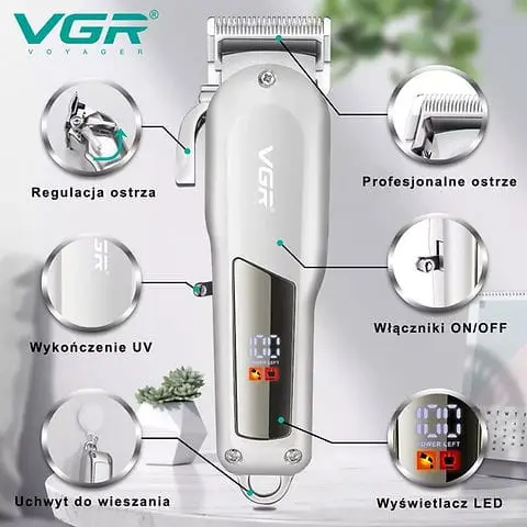 ماكينة حلاقة الشعر VGR V-278 مع بطارية قابلة لإعادة الشحن، شاشة LED وشفرات فولاذية مقاومة للصدأ لون (فضى)