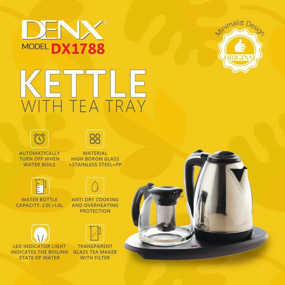 غلاية كهربائية مع ابريق شاي زجاجي من DENX  بمؤشر الضوء للاستخدام في المنزل والفندق، بقوة 1800 واط وسعة 2.0 لتر، غلاية كهربائية مع صينية شاي زجاجية سعة 1.5 لتر.